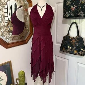 VTG Y2K Tadashi Burgundy Red 100% Silk Romantic Ruffle Fairy Mini Halter Dress